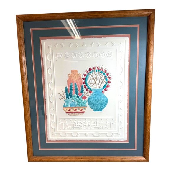 Vtg Signed Jane Billman Southwestern Pottery Cactus Embossed Art Print Oak Frame - Picture 1 of 8